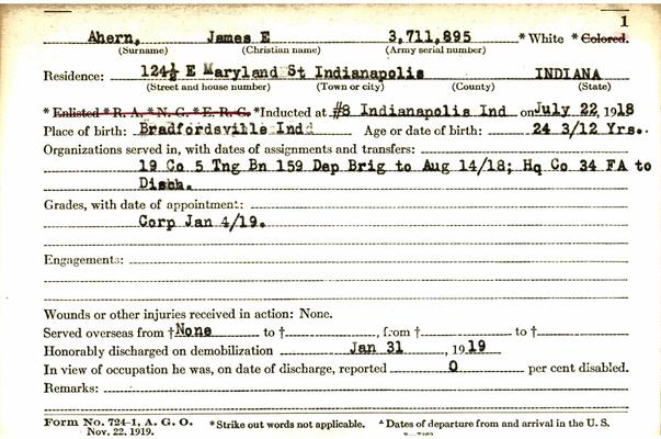 Indiana WWI Service Record Cards, Army and Marine Last Names "ADE - ALC"