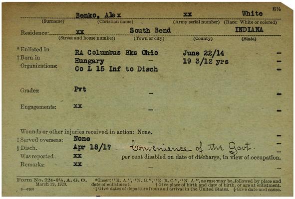 Indiana WWI Service Record Cards, Army and Marine Last Names "BEN- BEQ"