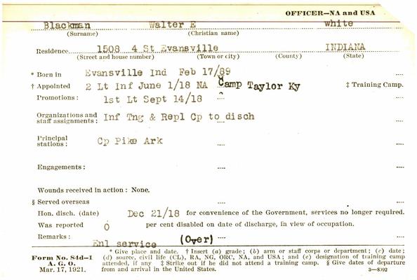 Indiana WWI Service Record Cards, Army and Marine Last Names "BLA - BLE"