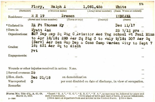 Indiana WWI Service Record Cards, Army and Marine Last Names "FLI - FOO"