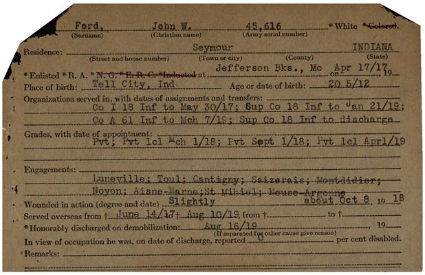 Indiana WWI Service Record Cards, Army and Marine Last Names "FOR - FOT"