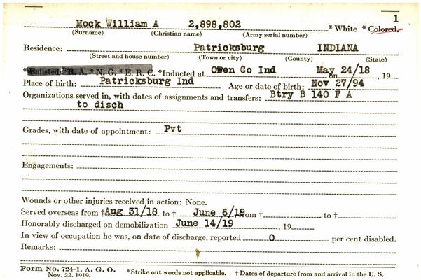 Indiana WWI Service Record Cards, Army and Marine Last Name "MLN - MON"