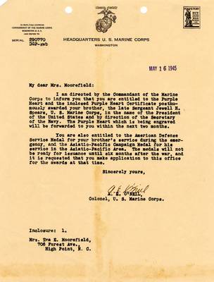 Letter from Col. A. E. O'Neil to Eva S. Moorefield, May 16, 1945