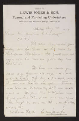 1889-08-20 Letter from Lewis, Jones & Son Undertakers, to Superintendent Lovering, 1831.018.004-013