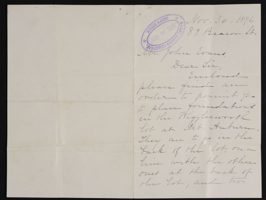 1896-11-30 Letter from Grew to John Evans, forwarded to Lovering, 1831.018.004-038 - p1
