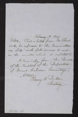 1849-02-01 Trustee Committee on Lots: Parker Voted Chadwick, 1831.036.018