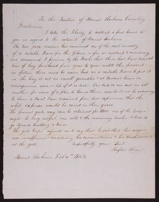 1843-02-06 Letter: Superintendent Rufus Howe to the Trustees, 1831.018.001-002