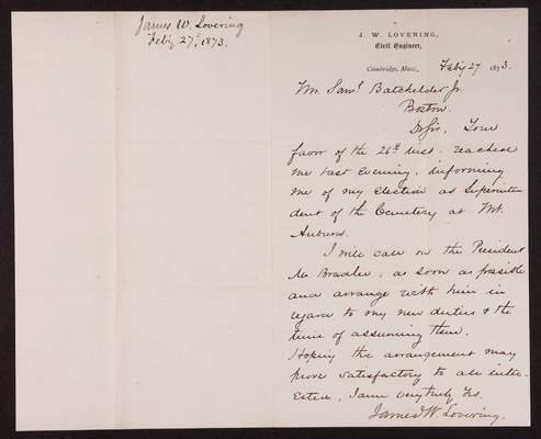 1873-02-27 Letter: Superintendent Lovering to Batchelder, 1831.018.004-001