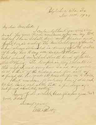 Letter from Albert Ruth to Mary Daggett Lake:  November 19, 1929