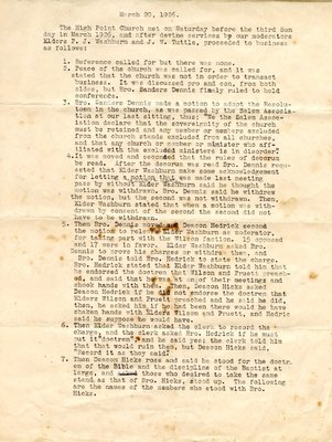 High Point Church Minutes, March 20, 1926