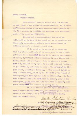Young Men's Reading Circle-Williard Agreement, July 16, 1909