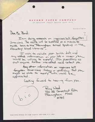 (School libraries) To Julian Bond from Penny Wood, ca. 1 Oct 1968, with Bond's draft response