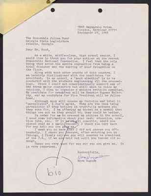 (Student Letter) To Julian Bond from Nora Nugent, 29 Sept 1968, with Bond's draft response