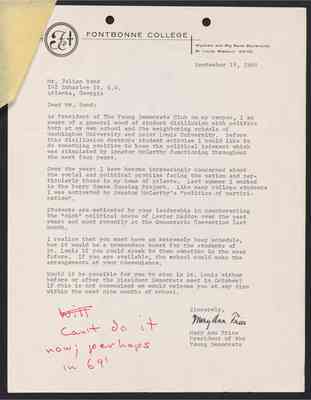 (College Student Letter) To Julian Bond from Mary Ann Fries, 19 Sept 1968, with Bond's draft response