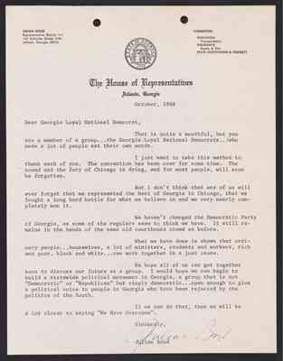 (Copy of Signed Version) From Julian Bond to Georgia Loyal National Democrats, Oct 1968