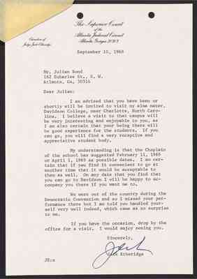 To Julian Bond from Jack Etheridge, 10 Sept 1968, with Bond's draft response