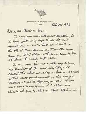 Letter from James B. Stockdale to Aleksandr Solzhenitsyn, 1978 Feb 20