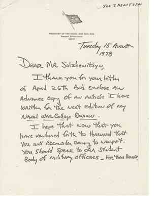 Letter from James B. Stockdale to Aleksandr Solzhenitsyn, 1978 Aug 15