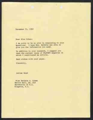 From Julian Bond to Barbara Cohen, 11 Dec 1969
