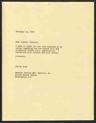From Julian Bond to Charles Mathias, Jr., 16 Dec 1969