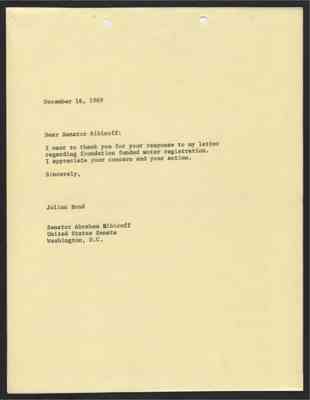 From Julian Bond to Abraham Ribicoff, 16 Dec 1969
