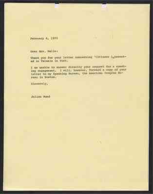 From Julian Bond to "Mrs. Wells", 4 Feb 1970