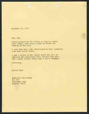 From Julian Bond to Hon. Tom Radney, 24 Nov 1970