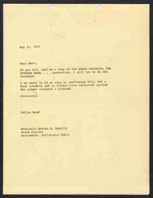 From Julian Bond to Hon. Mervyn Dymally, 21 May 1971