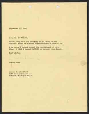 From Julian Bond to Horace Sheffield, 10 Sep 1971