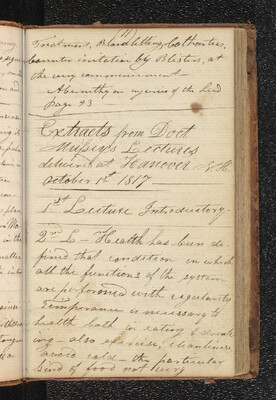 James Batcheller Medical Notebook - "Extracts from Doct. Mussey's Lectures delivered at Hanover", 1816