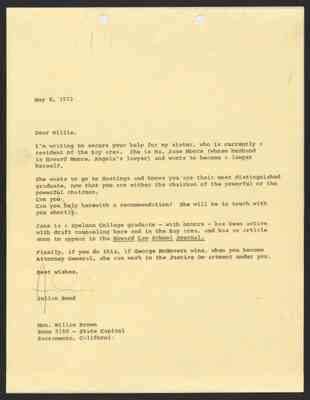From Julian Bond to Hon. Willie Brown, 8 May 1972