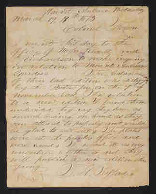 Letter: To Col. Folsom from T.H. Safford, Guidebooks Lost in Boston Fire, 1873, page 1