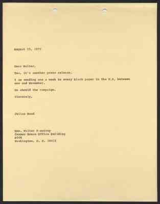From Julian Bond to Hon. Walter Fauntroy, 23 Aug 1972
