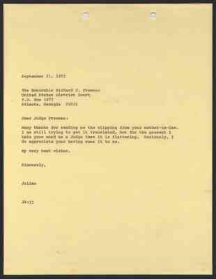 From Julian Bond to Hon. Richard Freeman, 21 Sep 1972