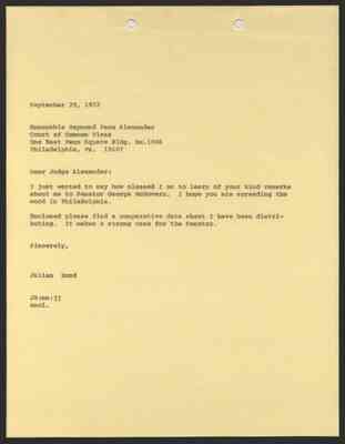 From Julian Bond to Hon. Raymond Pace Alexander, 29 Sep 1972