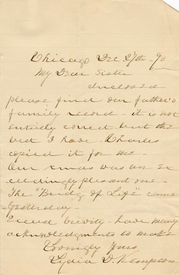 Letter from Lydia D. Kempton to "My Dear Sister", Dec. 27, 1890