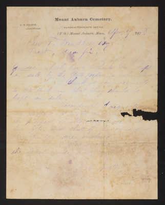 1873-04-09 Letter: [Supt.] Col. Folsom to John T. Bradlee, "Mt. Auburn Post Office", 2014.020.002-003