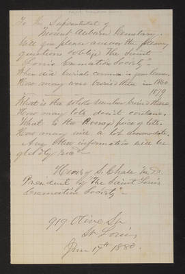 Letter: Dr. Henry S. Chase, Saint Louis Cremation Society, to Superintendent, 1880