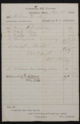 1868-04-30 Horticulture Invoice: W. C. Strong, Nonantum Hill Nursery, 2021.005.014  