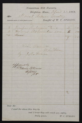 Horticulture Invoice: W. C. Strong, Nonantum Hill Nursery, 1868 April 22 (recto)
