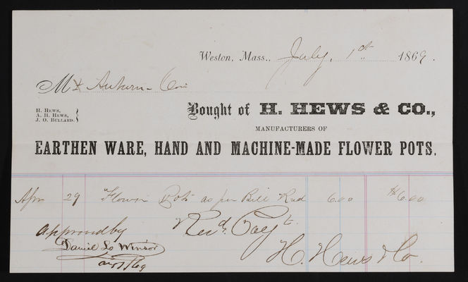 1869-07-01 Horticulture Invoice: H. Hews & Co., 2021.005.026   