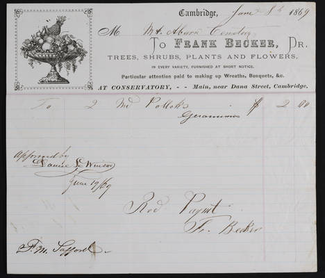Horticulture Invoice: Frank Becker, 1869 June 8 (recto)