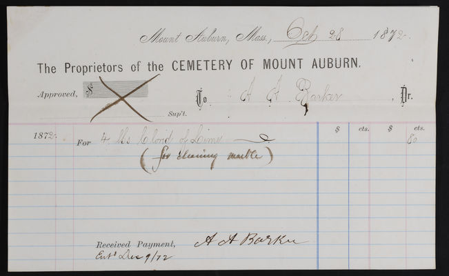 Invoice for Cleaning Marble: A. A. Barker, 1872 October 28 (recto)