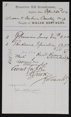 1874-04-22 Horticulture Invoice: Walsh Bros., Nonantum Hill Greenhouses, 2021.005.057      