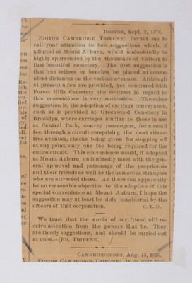 Press Clipping, Letter to the Editor, Cambridge Tribune, 1878, suggesting more benches