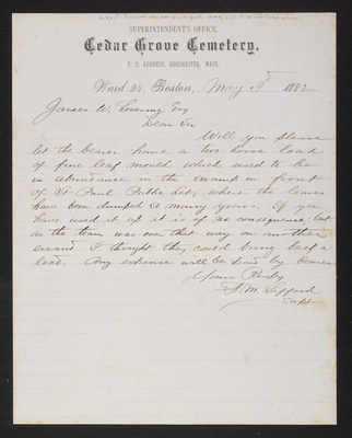 Letter: F. M. Safford, Superintendent of Cedar Grove Cemetery, to James W. Lovering, 1882