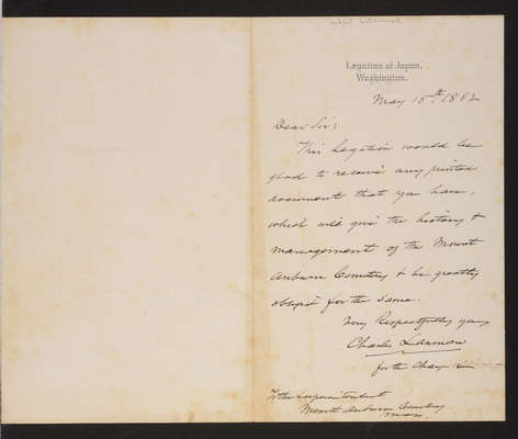 Letter: Charles Lanman, Legation of Japan, to Mount Auburn Superintendent, 1882