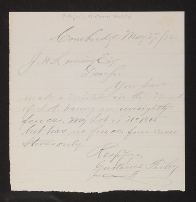 Letter: Gustavus Farley to J. W. Lovering, 1882