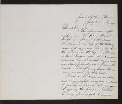 Letter: H. W. Warren to Superintendent, 1882 "missing cane" (page 1)