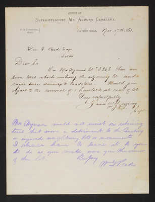 1881-11-17 Letter: James W. Lovering to Wm. G. Reed, Mrs. Wyman's Lot, "Attitude toward trees," 2014.020.007-017